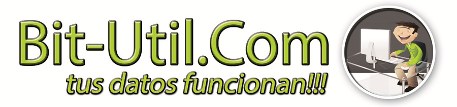 Logotipo original de Bit-Util.Com con el lema tus datos funcionan y la mascota Bit-Ly